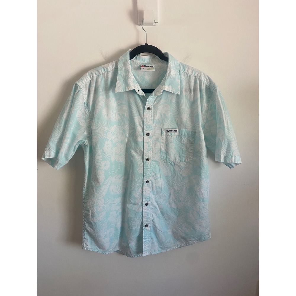 Teahupoo‎ Tahiti Mens 2XL Light Blue Tropical Floral Cotton Hawaiian Shirt XXL
